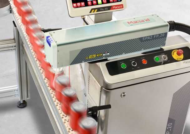 The Macsa SPA2-F is shown marking the base of beverage cans with batch numbers and expiry dates.