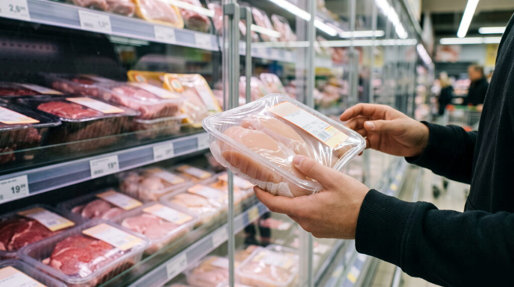 Supermarket food packaging with clearly visible batch codes and date markings