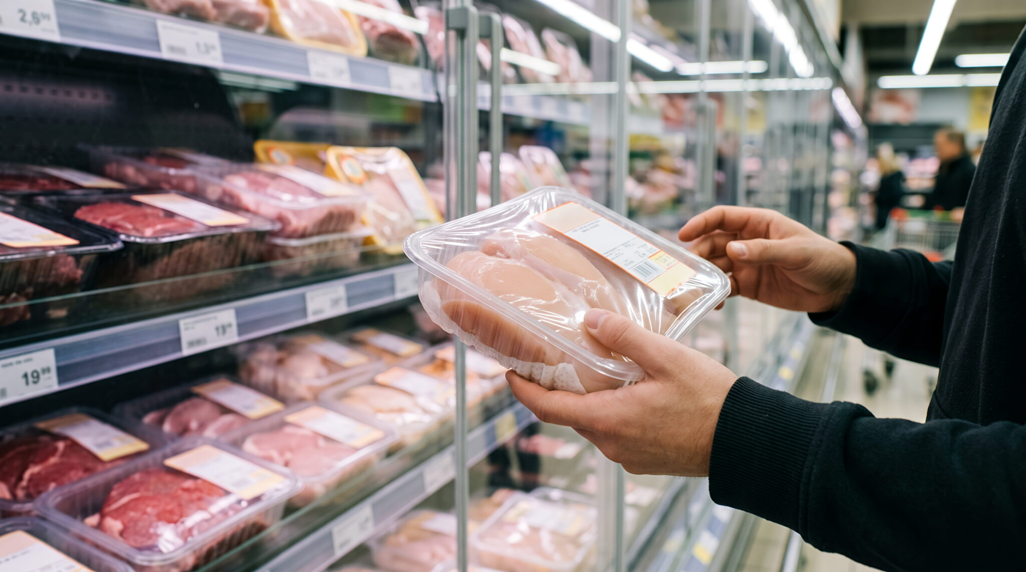 Supermarket food packaging with clearly visible batch codes and date markings