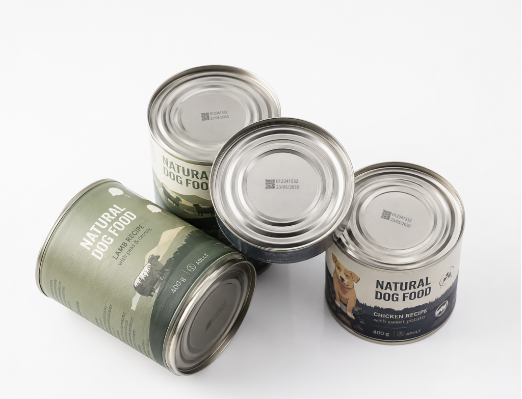 Pet food bags, pouches and cans with clear date and batch coding on a UK production line